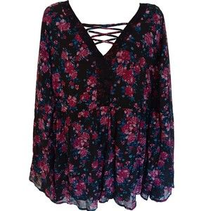 Torrid Womens Black & Purple Floral Long Bell Sleeve Baby Doll Blouse, Size 2